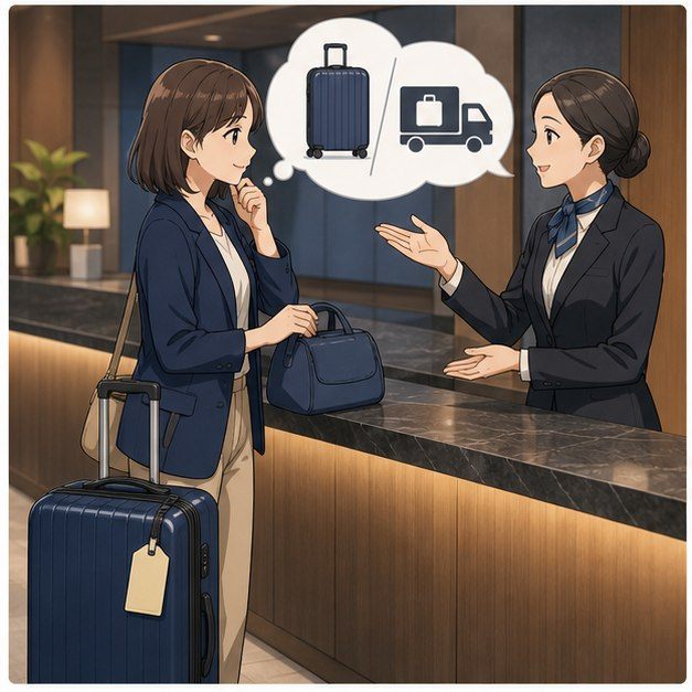 Traveler comparing luggage delivery and carrying suitcase at a Japan hotel desk