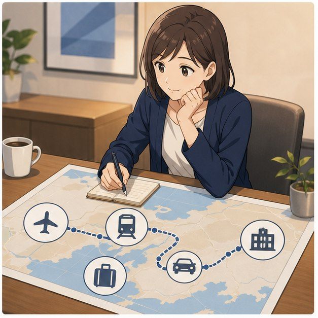 Japan arrival route plan with airport train car hotel and suitcase icons