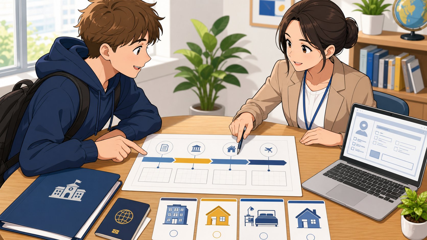 Language school housing timeline planning scene in Japan