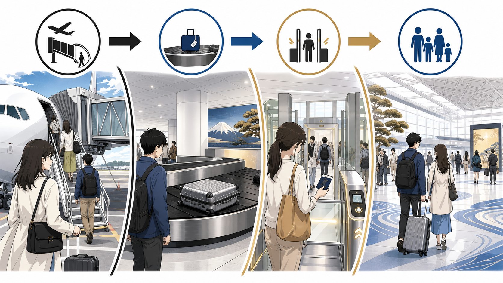 Text-free visual flow from airplane to immigration baggage customs and Narita arrival lobby