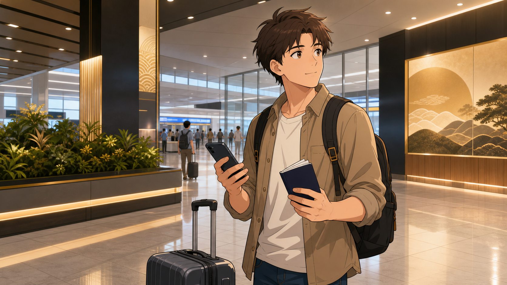 First-time foreign traveler arriving at Narita Airport with suitcase passport and phone