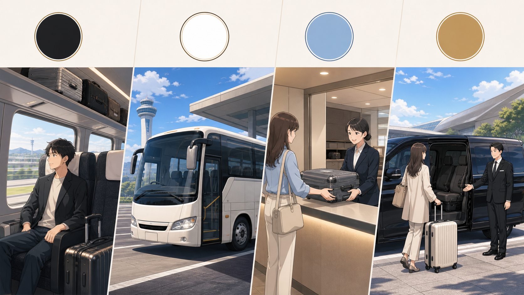 Text-free comparison scene of Narita train bus luggage delivery and private airport ride options