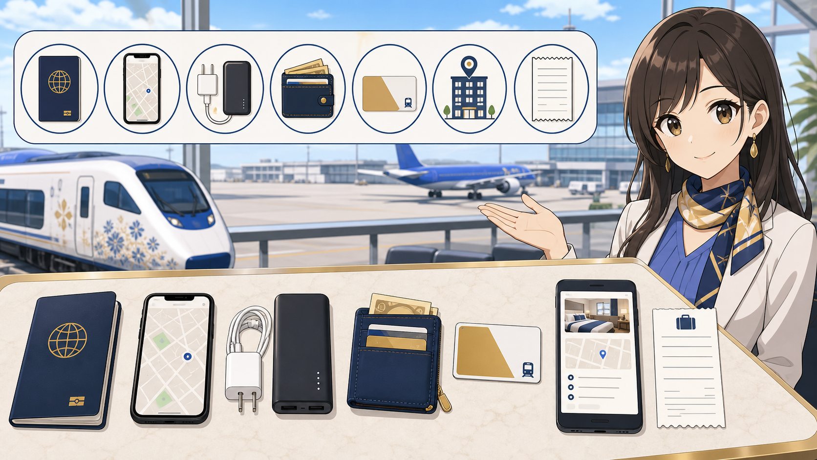 First Narita terminal checklist with passport phone charger address screenshot IC card cash and luggage receipt