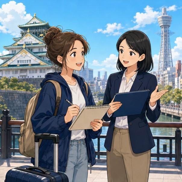 International student and advisor planning short-term Japanese study in Osaka with suitcase and notebook