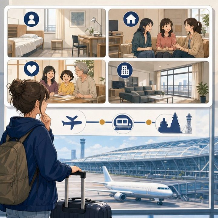 International student comparing Osaka school housing options and Kansai Airport route planning
