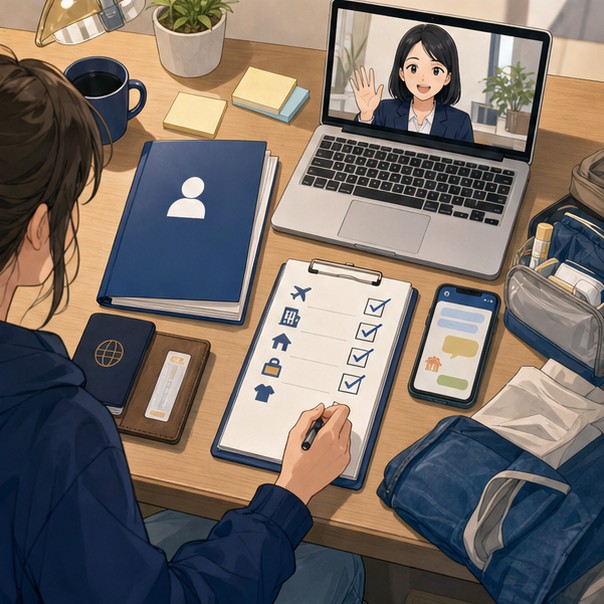 Short-term Japanese study checklist with passport school application laptop call and housing messages