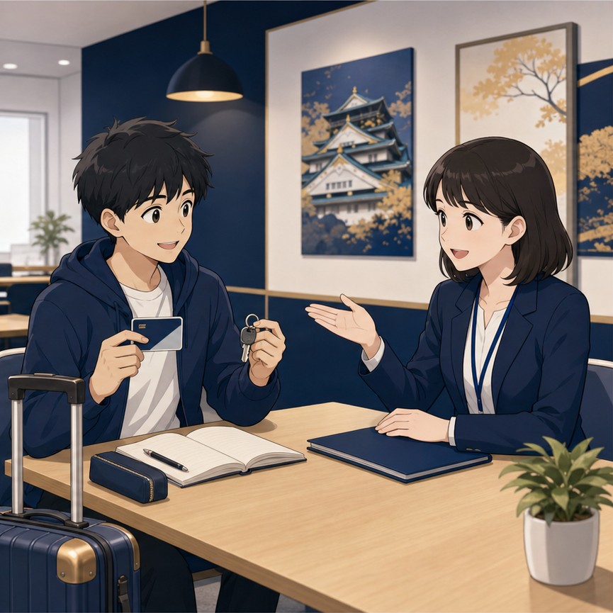 Short-term Japanese student in Osaka reviewing first-week setup with transit card housing key and advisor