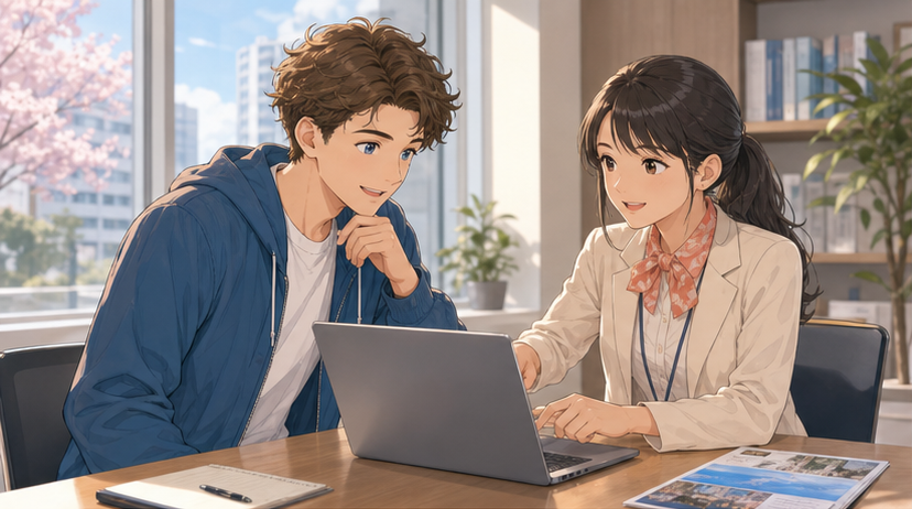 Anime-style scene of a foreign student and Japanese coordinator reviewing language school options on a laptop