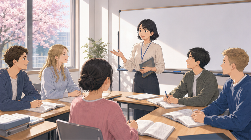 Anime-style Japanese language classroom with international students and a teacher in bright spring light