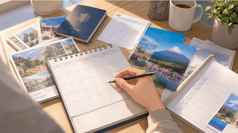 Anime-style application planning desk with passport, calendar, photos, checklist, and school brochure shapes