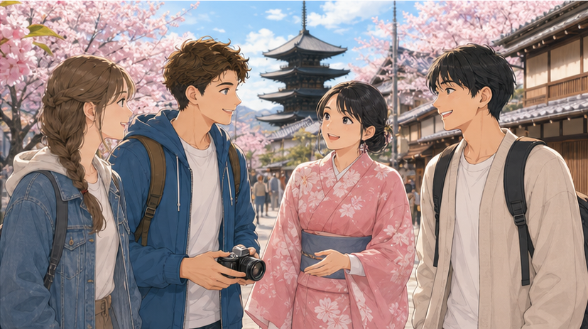 Anime-style international students enjoying a calm Japanese cultural street after language class