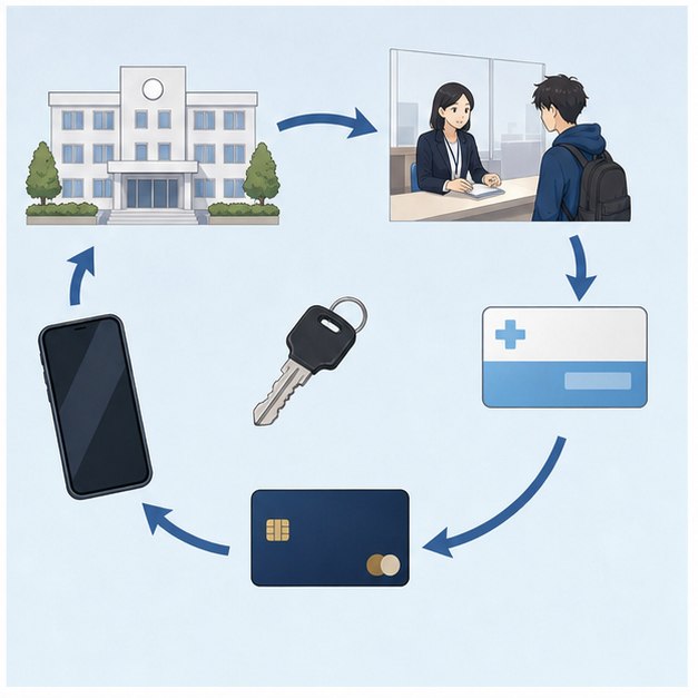 Japan first week student setup flow with school city hall insurance bank phone and housing icons
