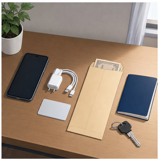 International student first week setup desk with phone charger transit card cash passport and apartment key
