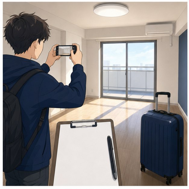 International student taking move-in photos in a clean apartment room in Japan