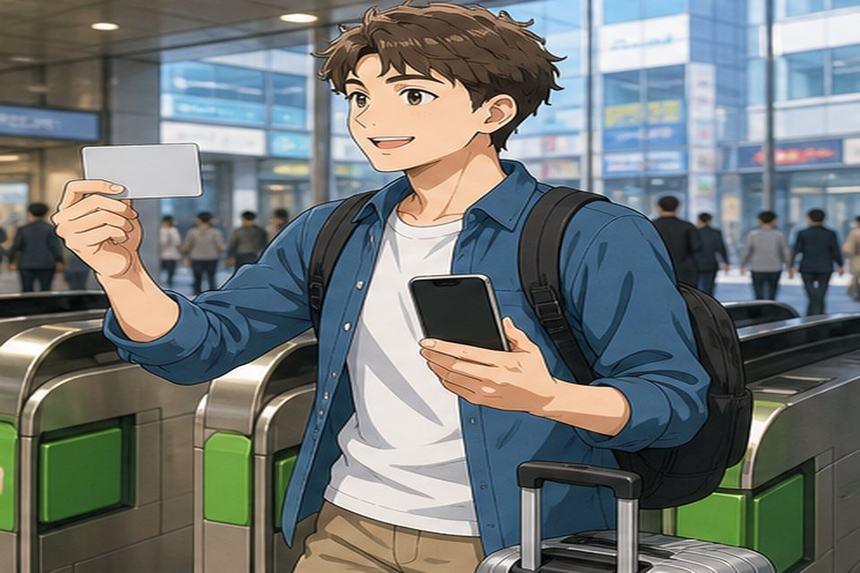 Foreign student at a Tokyo station gate with suitcase phone blank screen and transit card style card