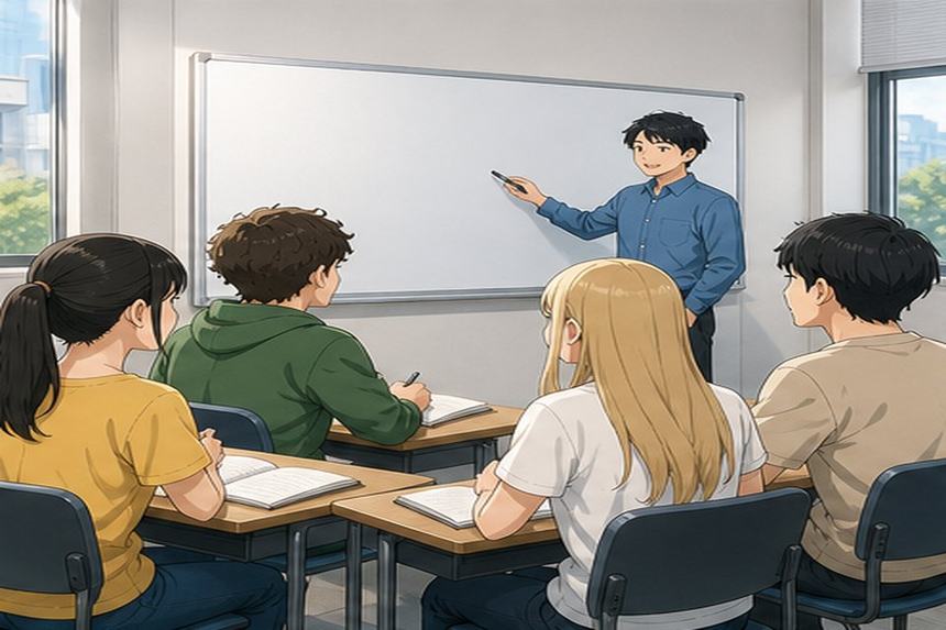 Tokyo Japanese language school classroom with teacher students notebooks and blank whiteboard