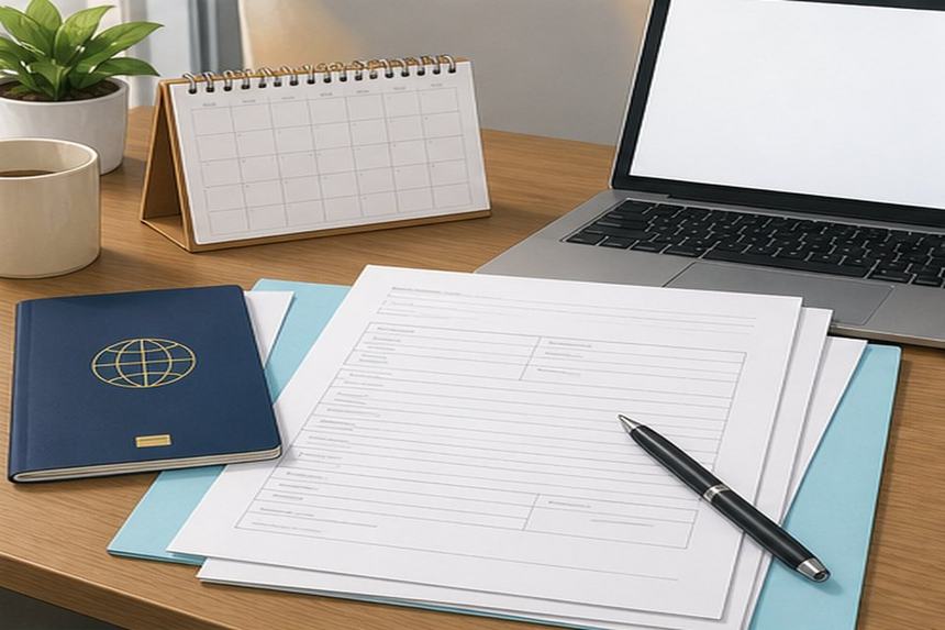 Japanese school application preparation with passport application papers blank laptop and calendar