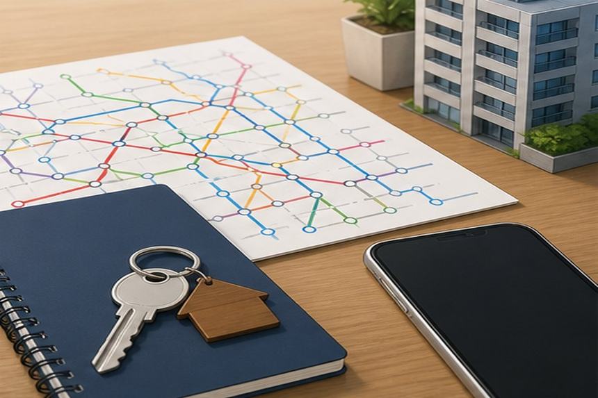 Tokyo school commute planning with abstract train map apartment model key notebook and phone blank screen