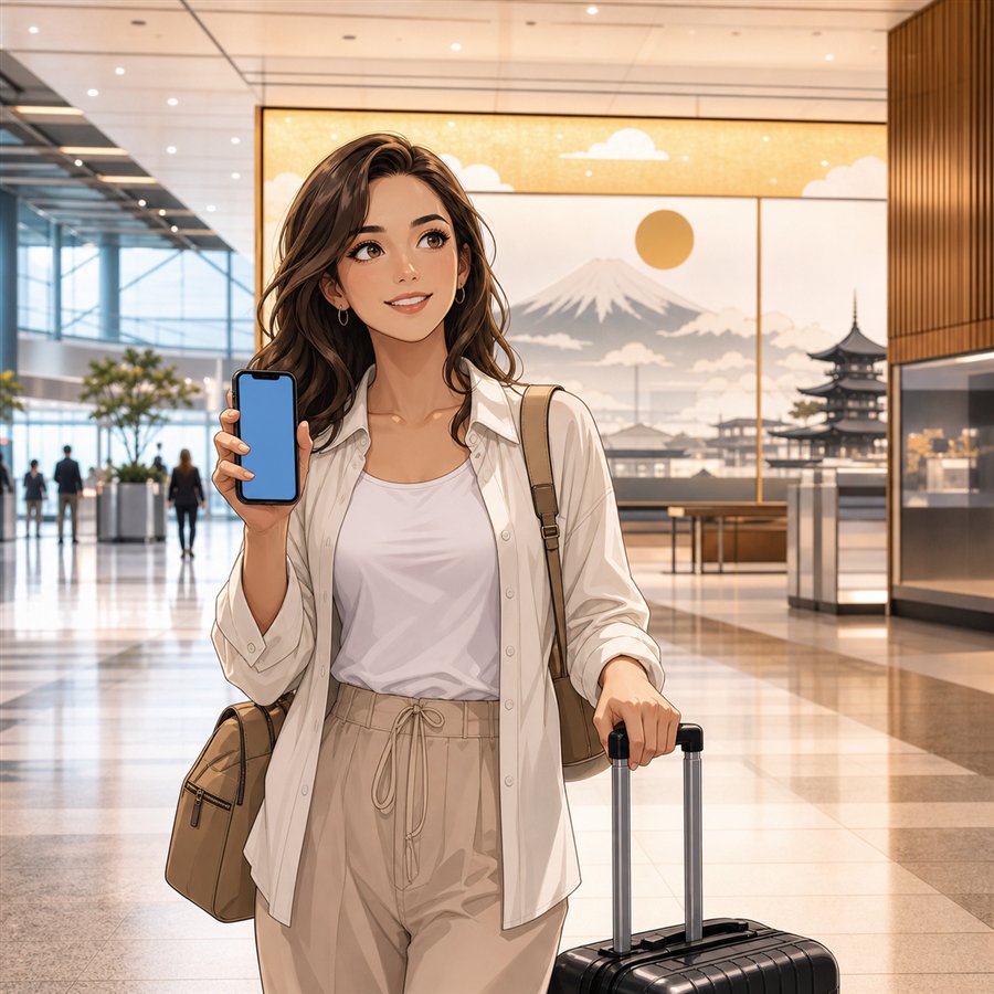 Traveler in a Japan airport lobby holding a blank phone screen and suitcase for Visit Japan Web arrival preparation