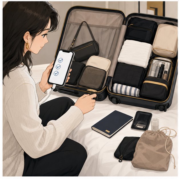 Customs declaration preparation with suitcase personal items phone passport and simple checklist icons