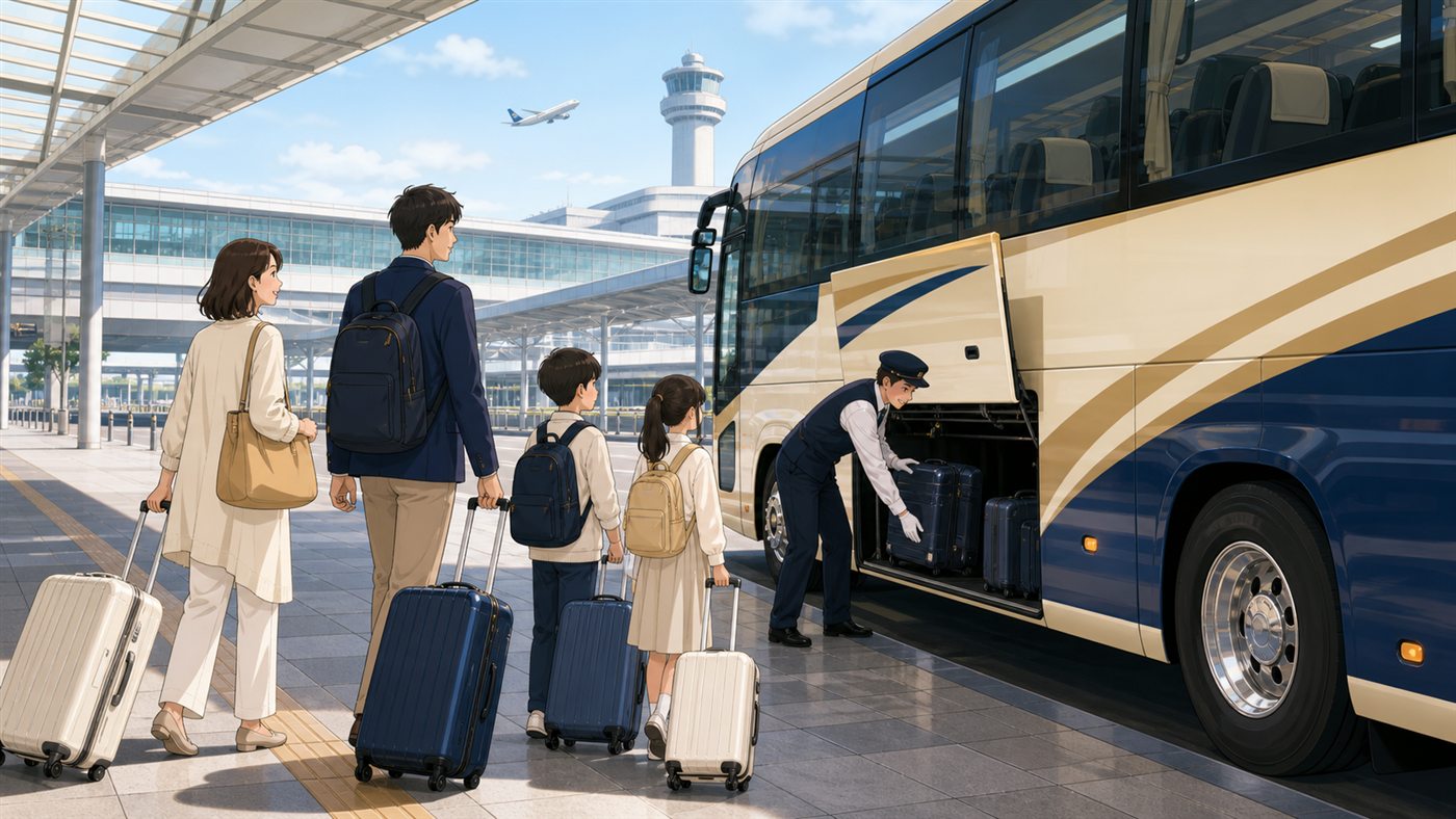 Family with suitcases boarding an airport bus from Haneda Airport toward Shinjuku
