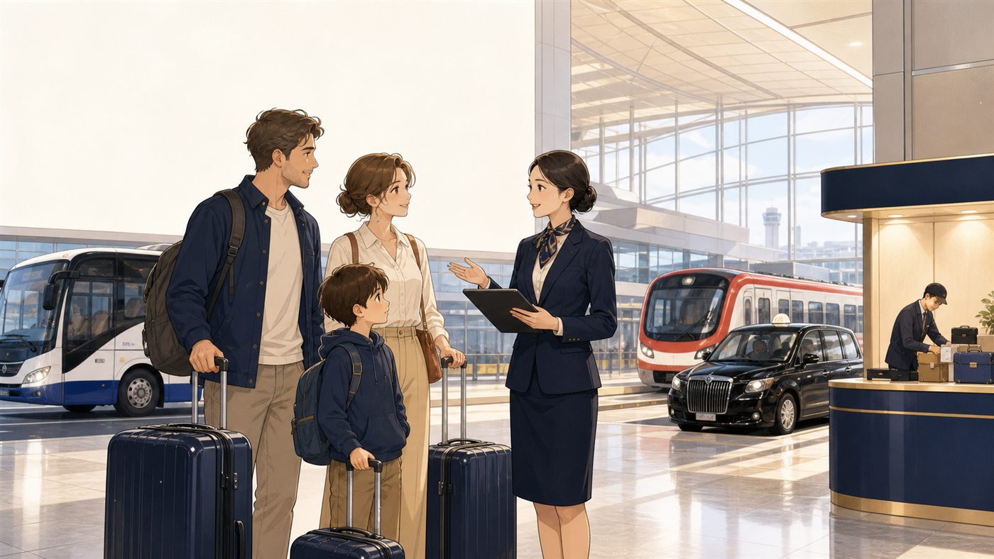 Travelers with suitcases comparing routes from Haneda Airport to Shinjuku with an English-speaking coordinator