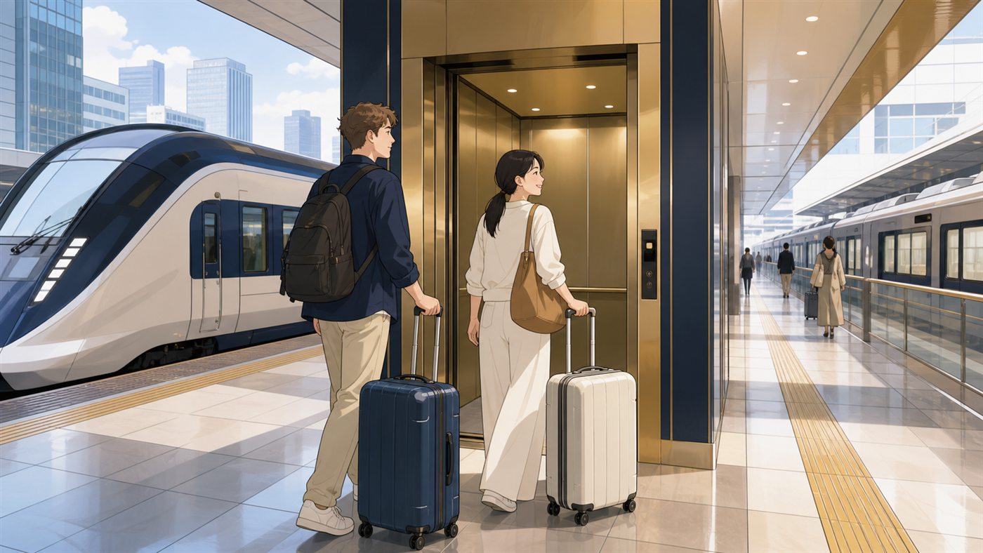 Travelers with rolling luggage making an airport train transfer toward Shinjuku using an elevator
