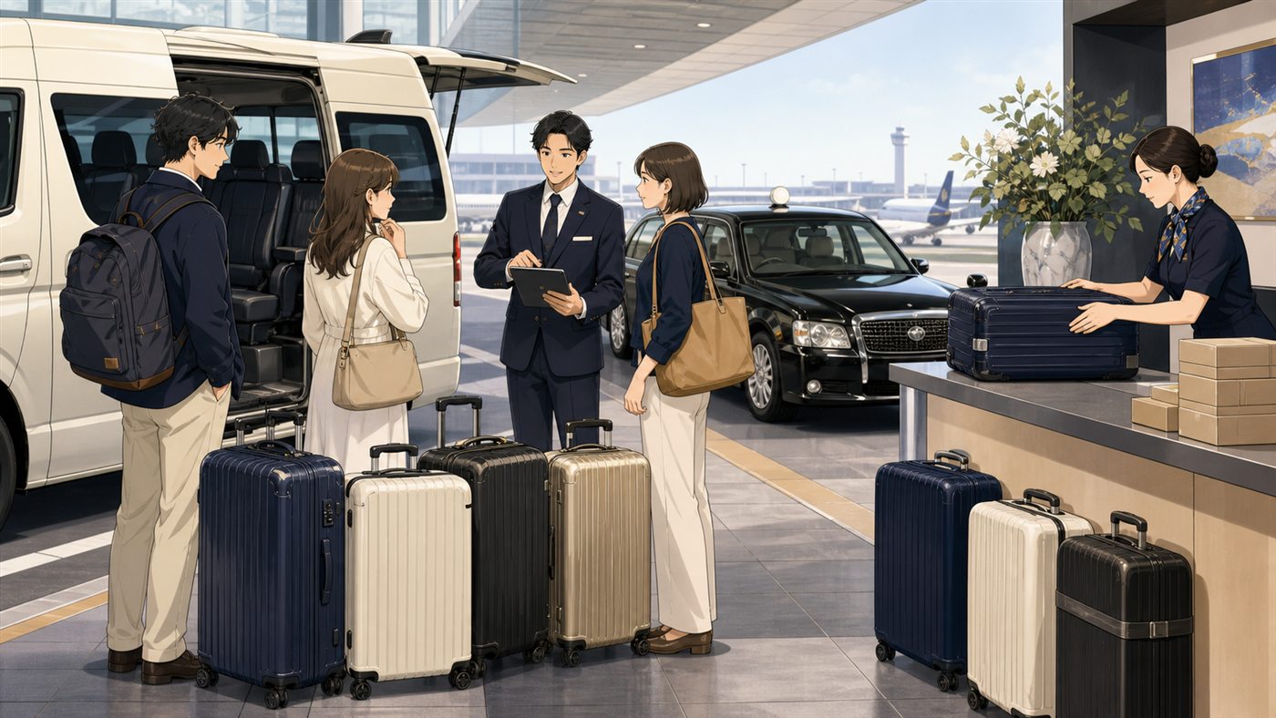 Travelers comparing a reserved van taxi and luggage delivery counter at Haneda Airport