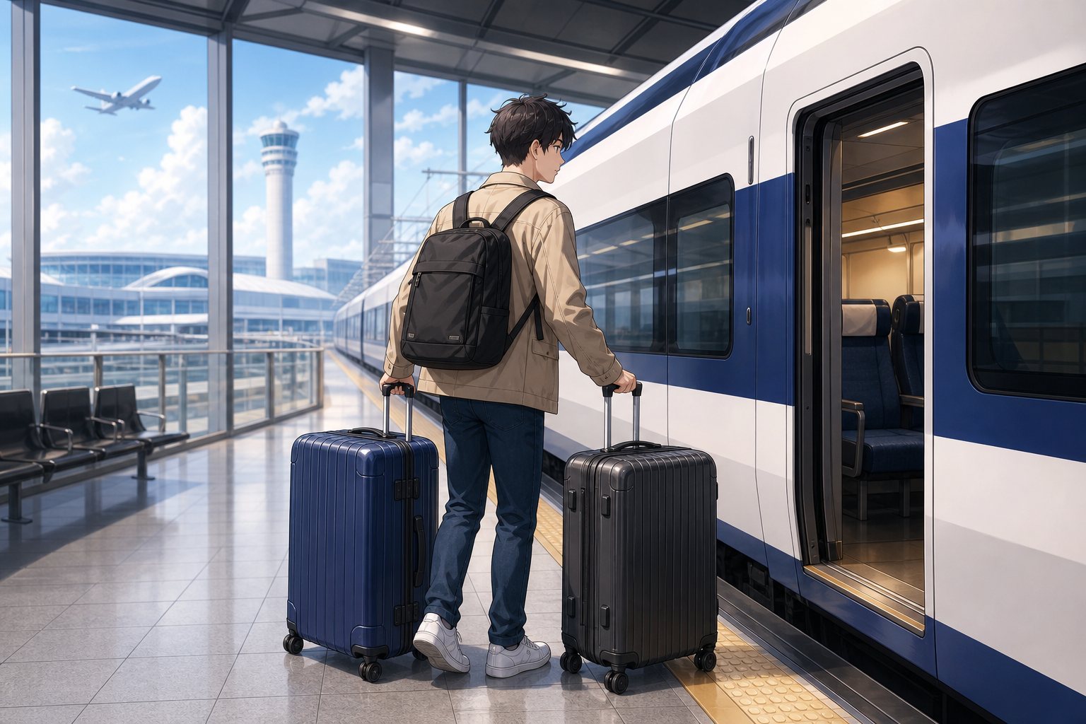Traveler with two suitcases preparing to board the Haruka train from Kansai Airport to Kyoto
