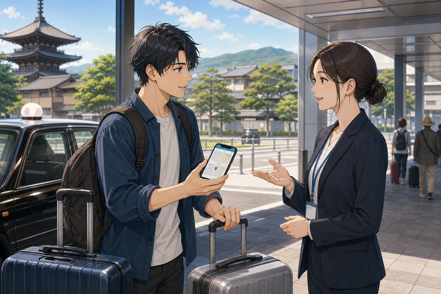 Traveler showing a Kyoto hotel address to a support coordinator after arriving from Kansai Airport with luggage