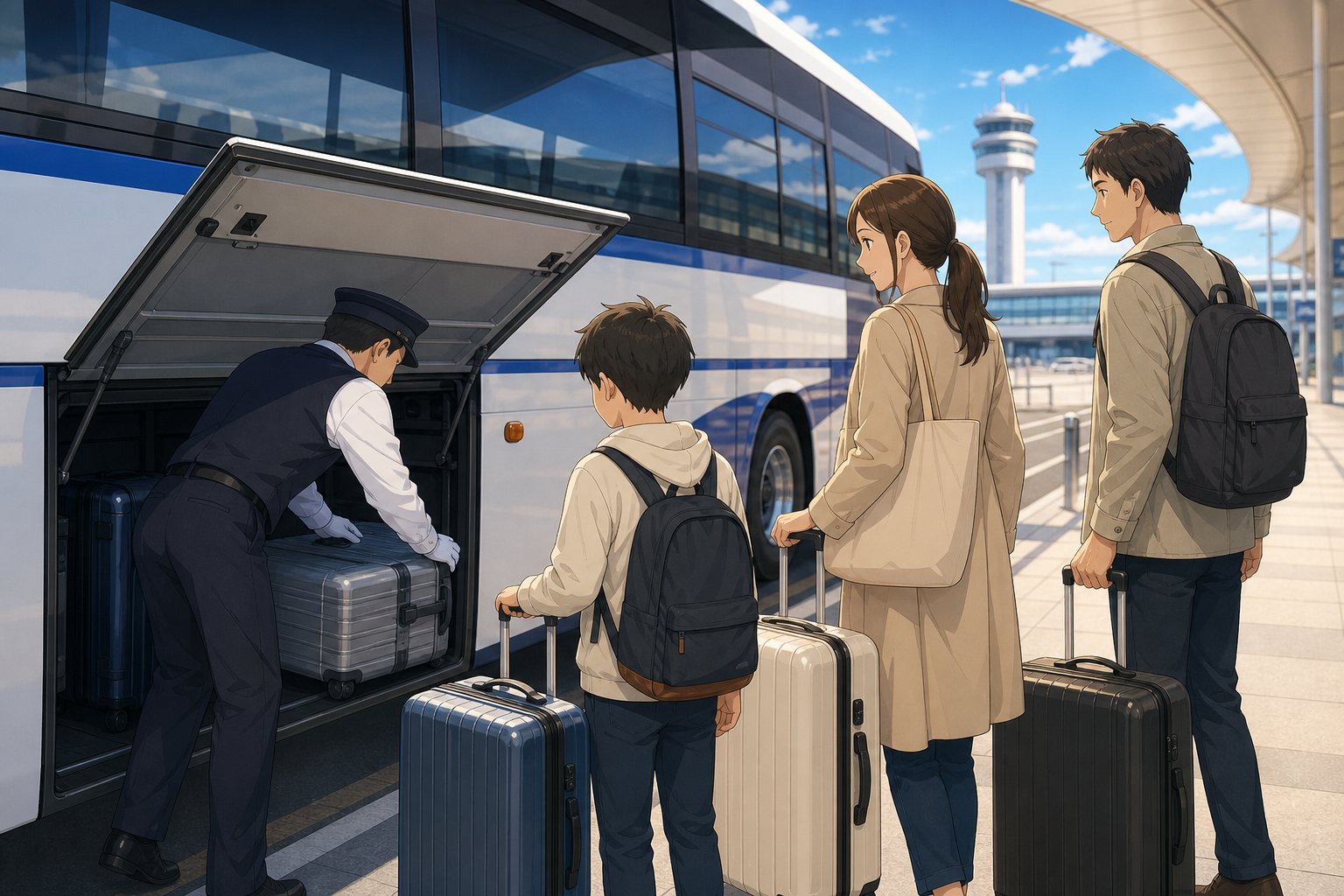 Family placing suitcases into a Kansai Airport limousine bus luggage compartment before traveling to Kyoto