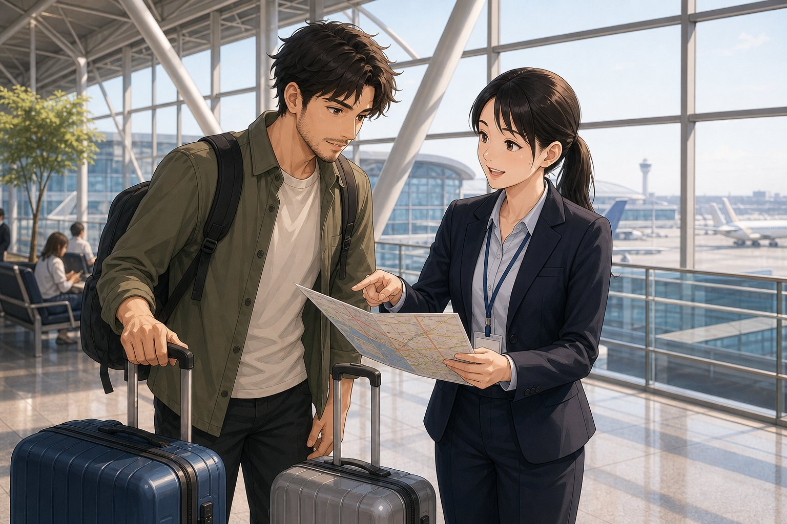 Foreign traveler with suitcases planning Kansai Airport to Kyoto with luggage beside an English-speaking coordinator