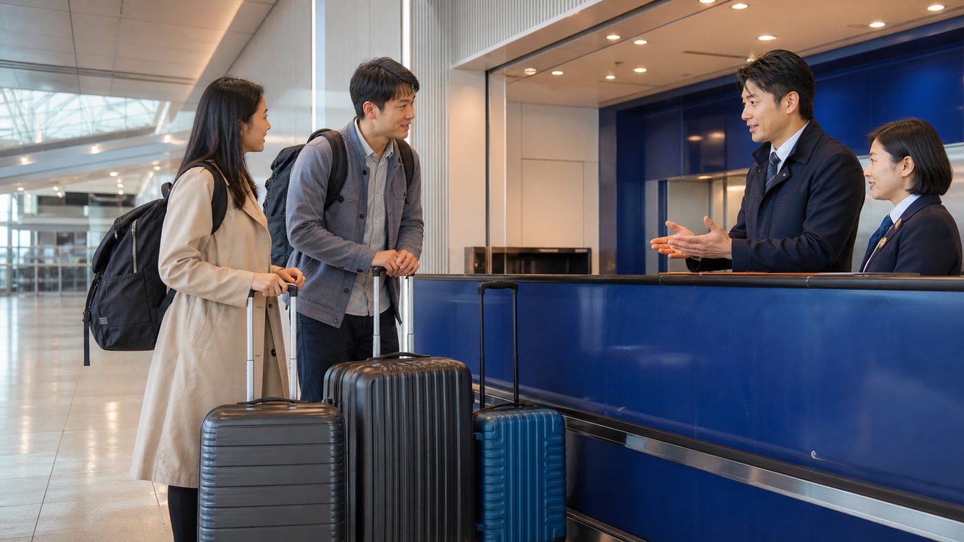 Travelers organizing baggage delivery at Kansai Airport while keeping first-night essentials with them
