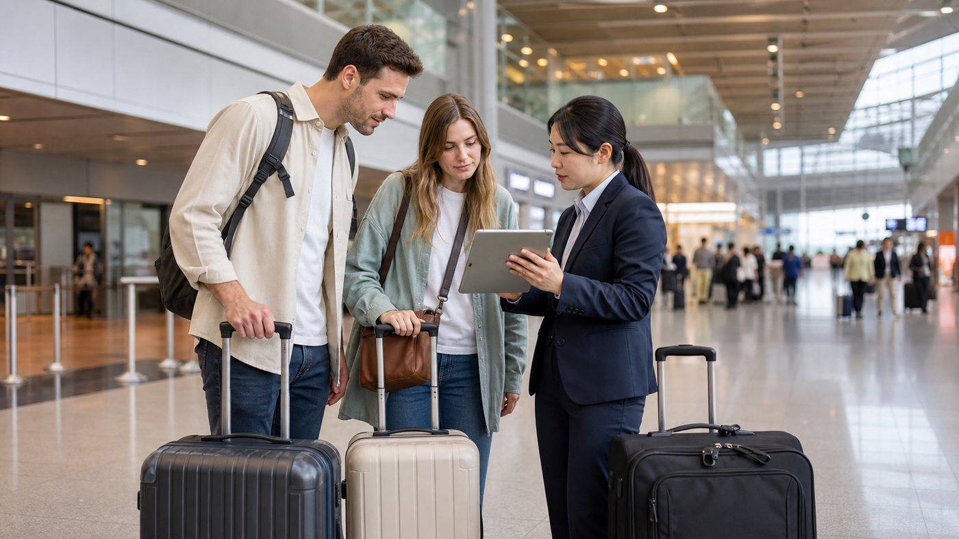 Travelers with suitcases comparing routes from Kansai Airport to Osaka with a bilingual coordinator