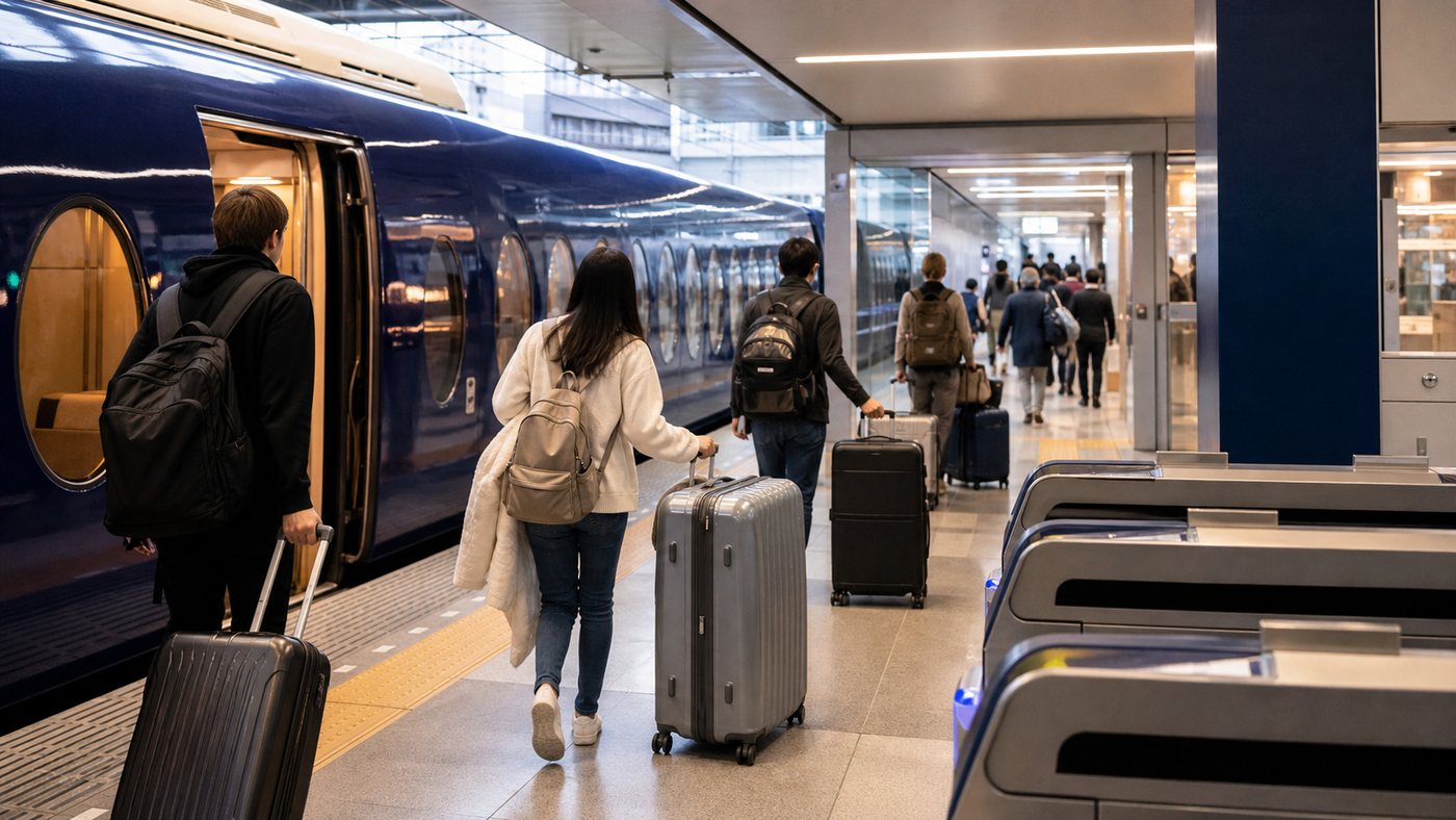Travelers with large suitcases boarding a train at Kansai Airport for the Namba side of Osaka