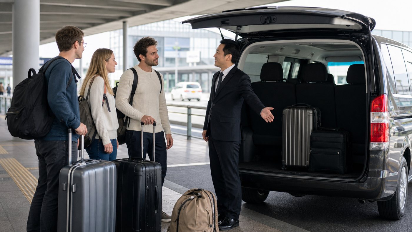 Travelers confirming van luggage capacity with a driver at Kansai Airport before going to Osaka