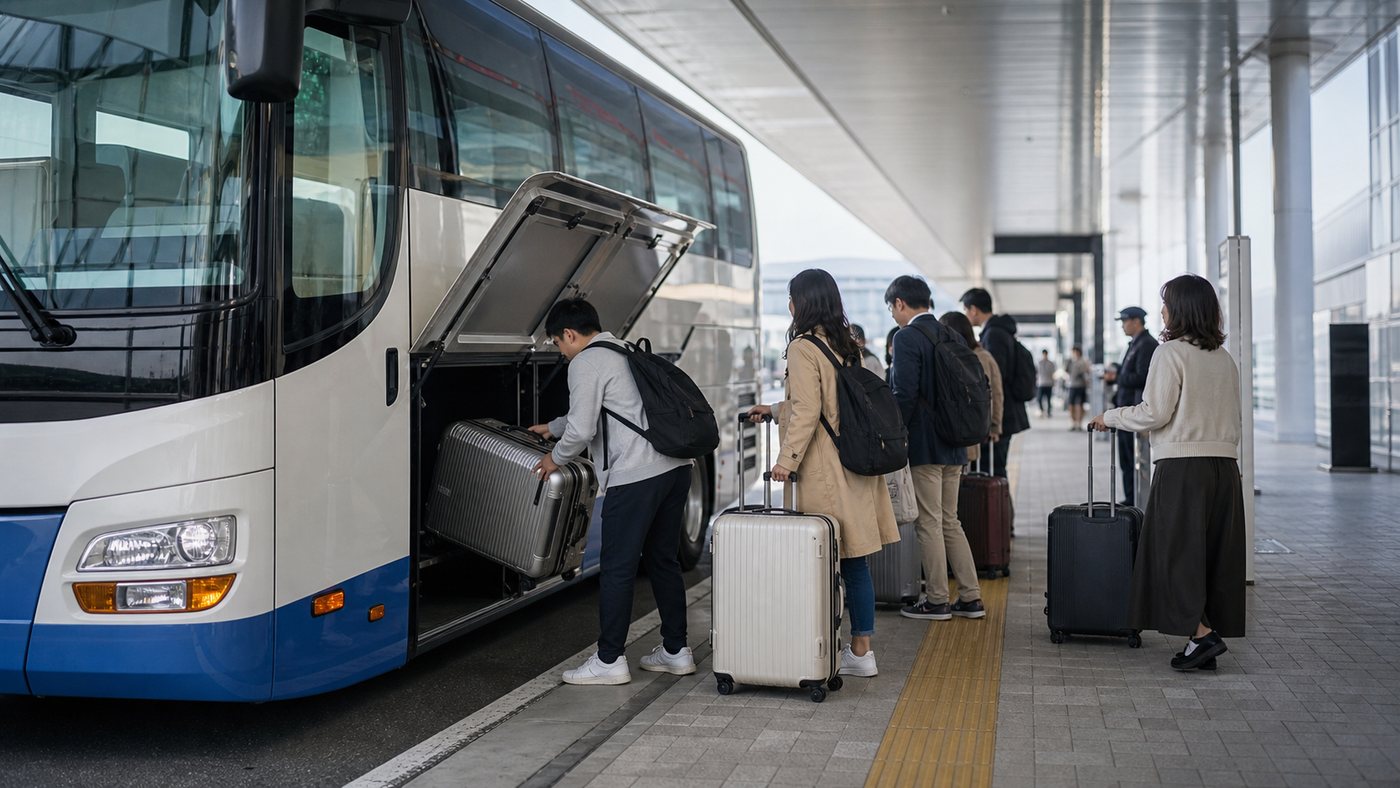 Travelers loading suitcases into a Kansai Airport limousine bus before going to Osaka