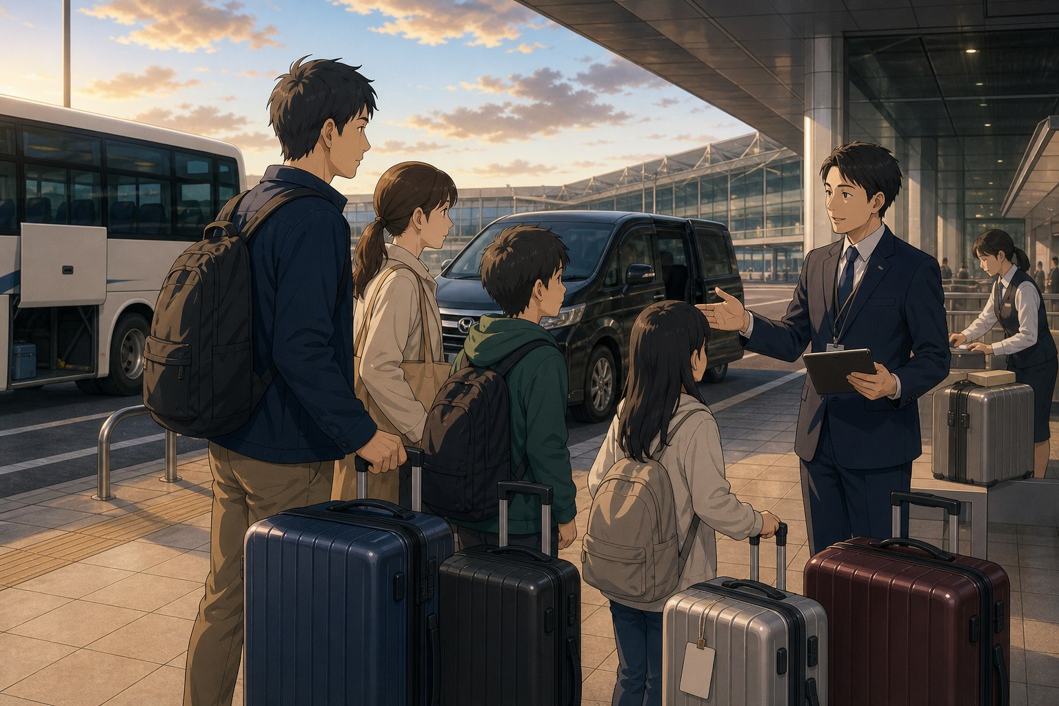 Family with several suitcases comparing airport bus reserved van and luggage delivery at Narita Airport