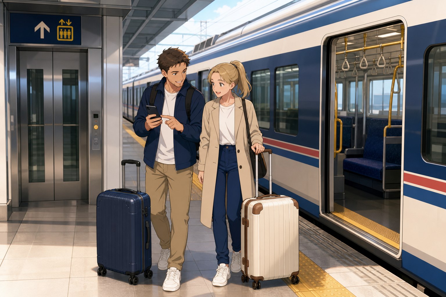 Travelers with large suitcases boarding an airport train for Asakusa with elevator access nearby
