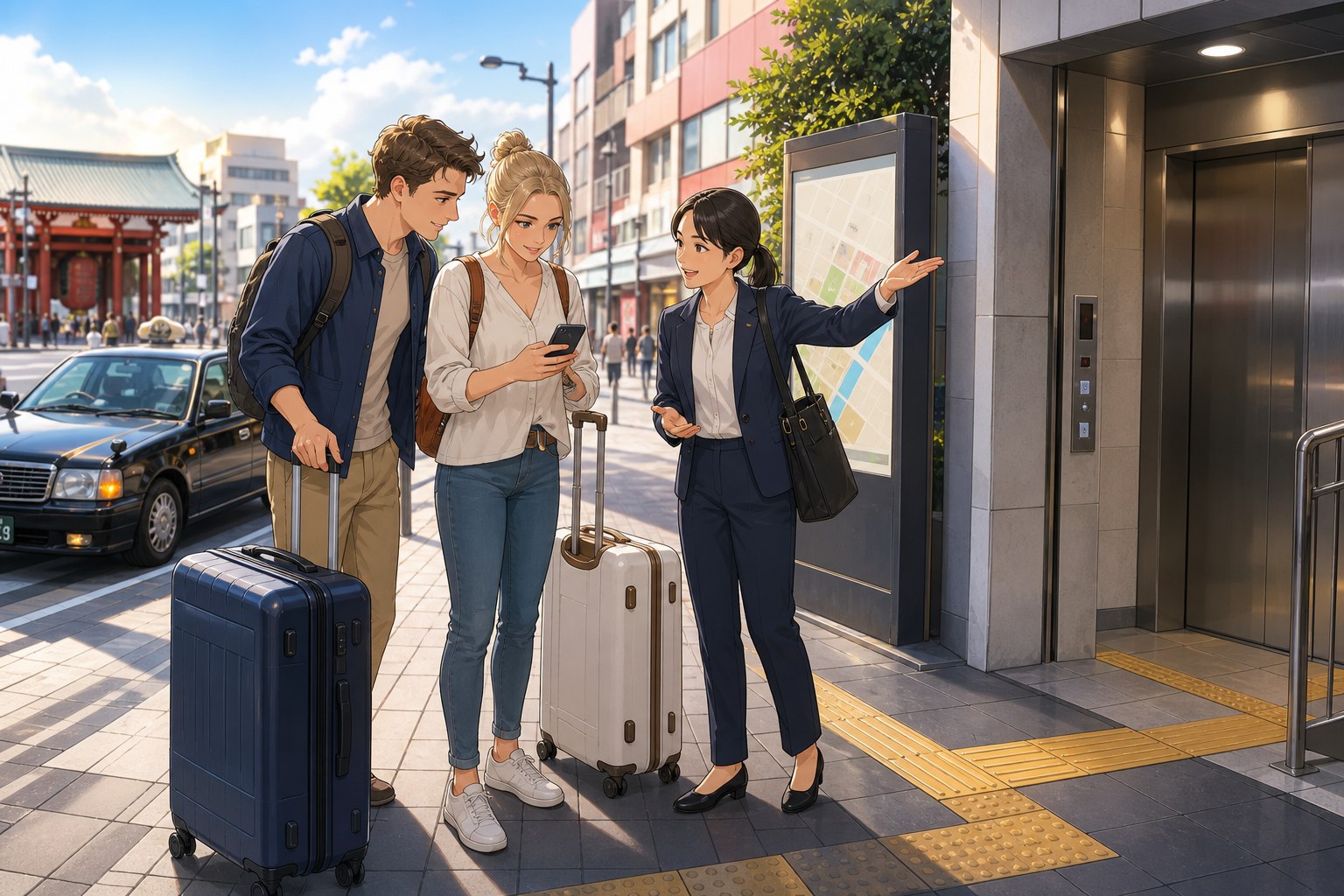 Travelers with suitcases checking an Asakusa station elevator and hotel direction with a support coordinator