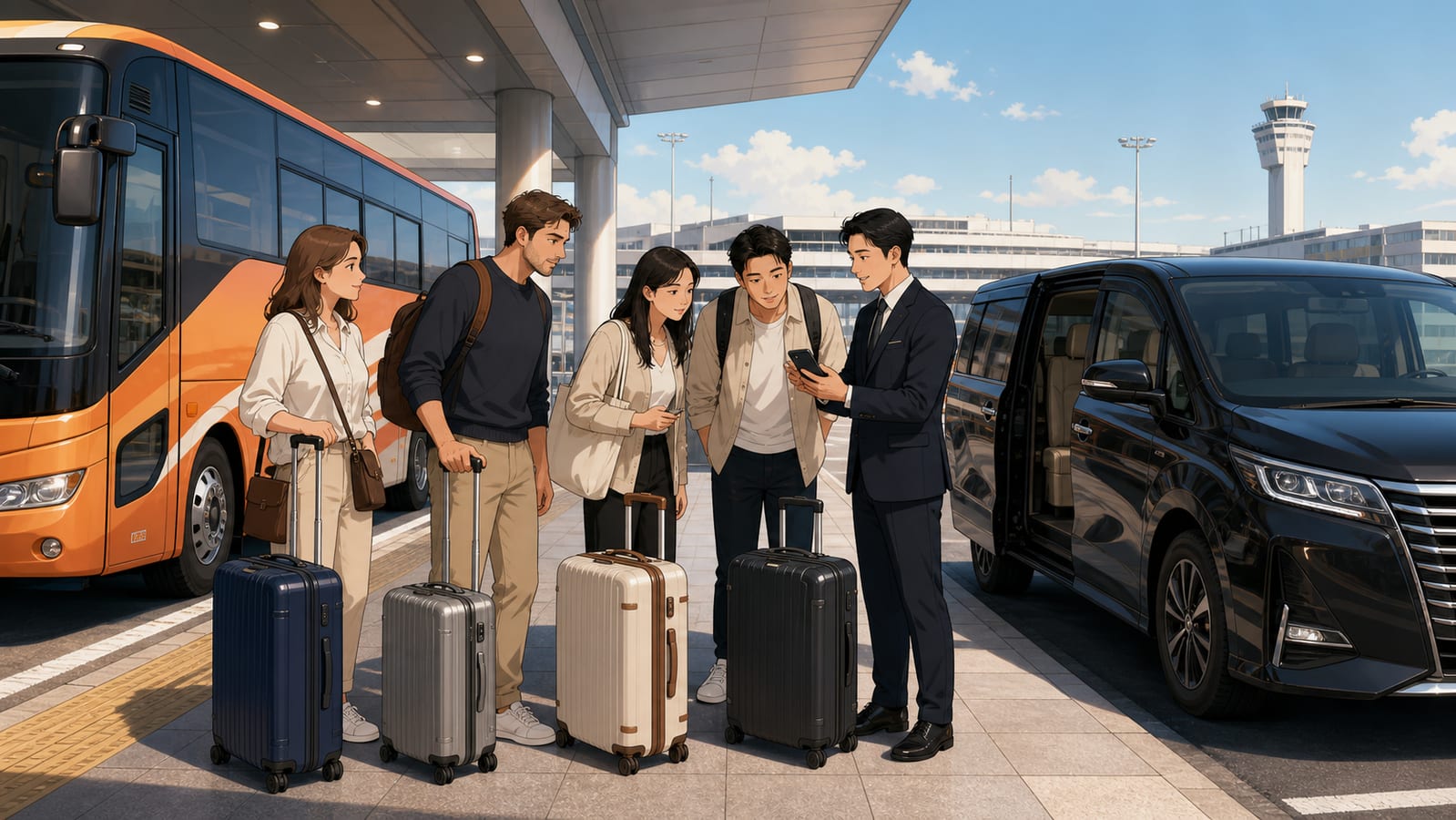 International travelers with suitcases comparing an airport limousine bus and reserved minivan at Narita Airport