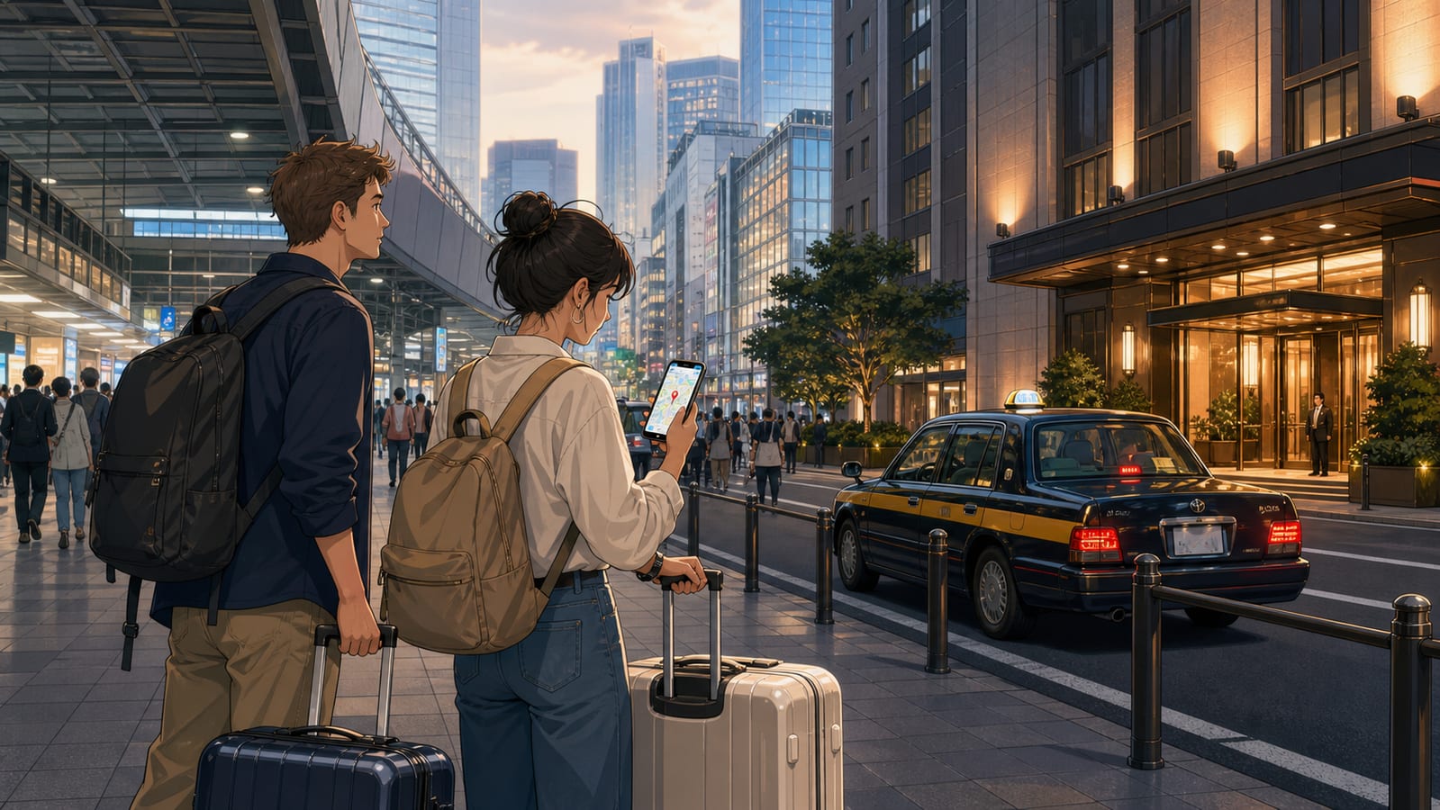 Travelers with large luggage checking a Shinjuku hotel map and local taxi after leaving the station