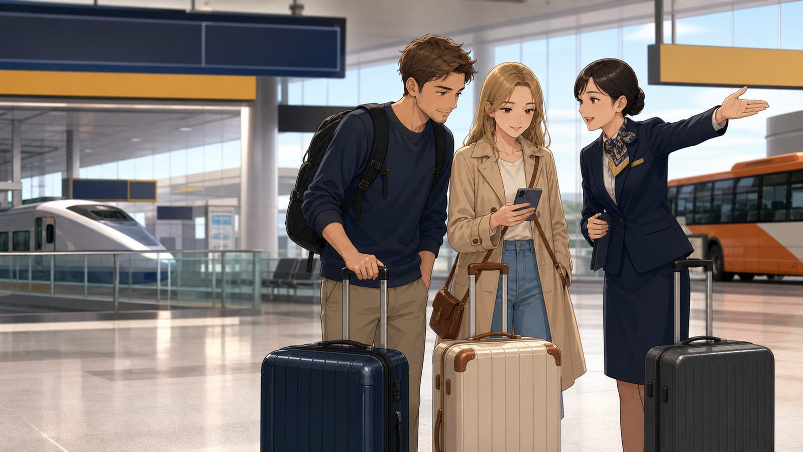 Travelers with three suitcases comparing Narita Airport transport to Shinjuku with an English-speaking coordinator