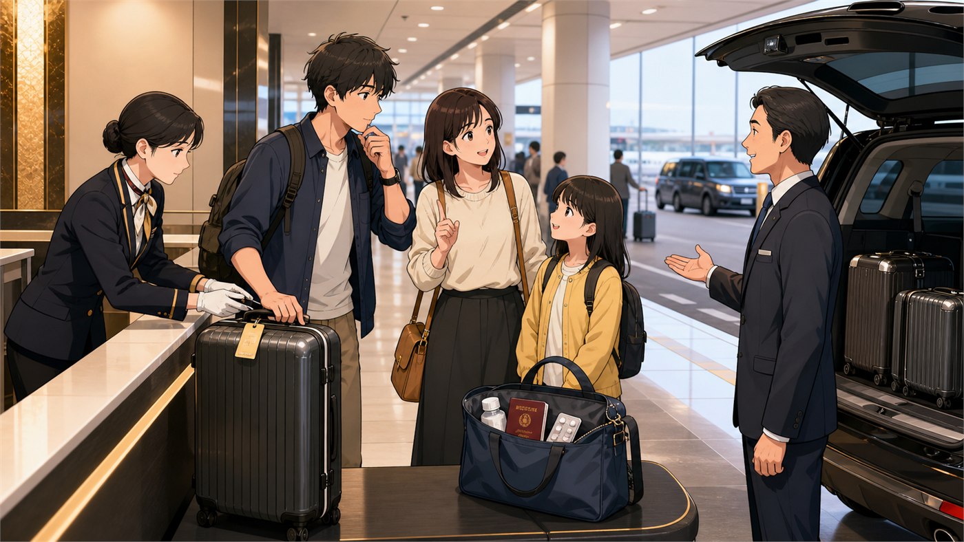 Travelers at Narita Airport comparing luggage delivery and a larger taxi before going to Ueno