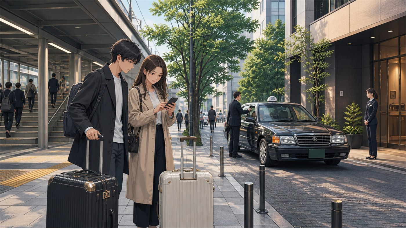 Travelers checking the walking route from Ueno Station to a hotel while carrying suitcases