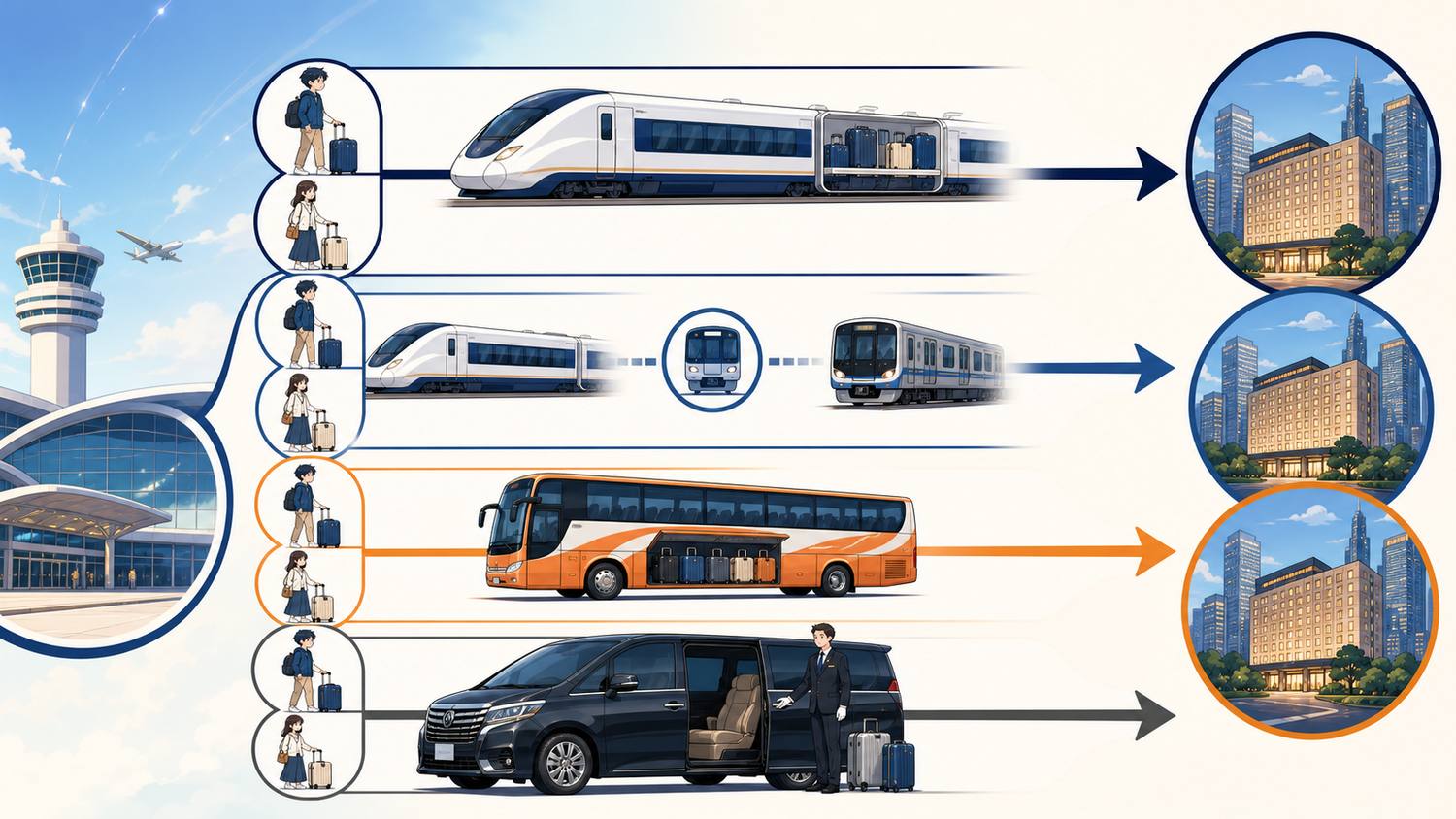 Text-free route map comparing direct train transfer train airport bus and reserved van from Narita to a Shinjuku hotel