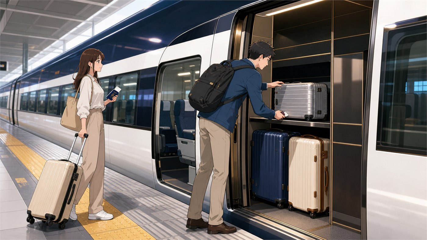 Travelers with large suitcases boarding the Keisei Skyliner from Narita Airport to Ueno
