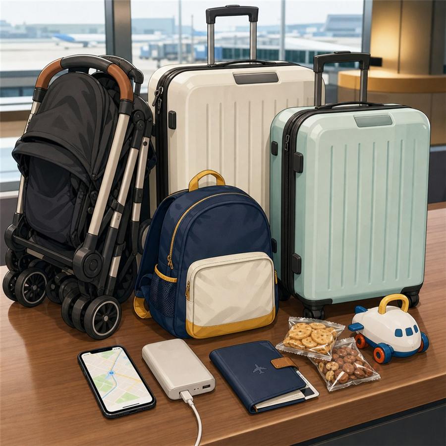 Folded stroller suitcases child backpack phone map and snacks for Tokyo family airport transfer