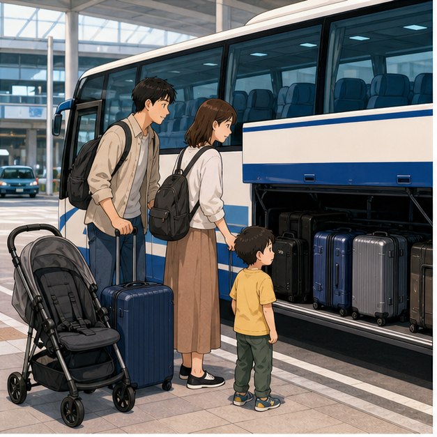 Family with stroller and luggage preparing to board an airport limousine bus in Tokyo