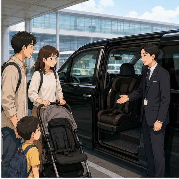 Family confirming reserved van pickup child seat and stroller space at a Tokyo airport curb